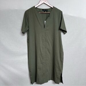 Theory Deep Military Olive Linen Blend Slit Front Shift Short Sleeve Dress